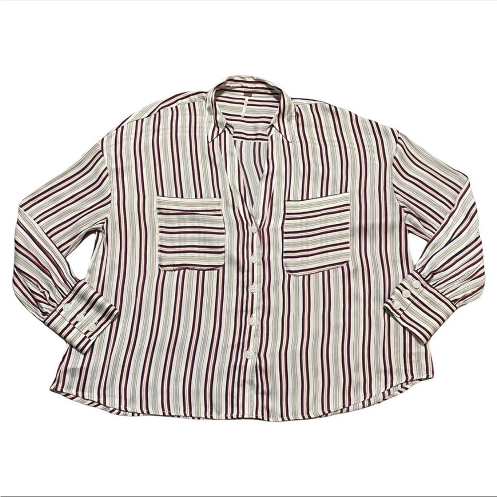 Free People Oversized Striped V-Neck Button Down Shirt
